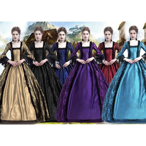 Women Medieval Flocking Dress Victorian Court Cosplay Outfit