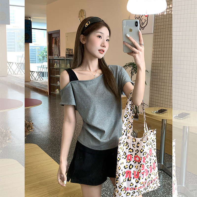 women sexy off shoulder t-shirt lady crop top韩系斜肩设计