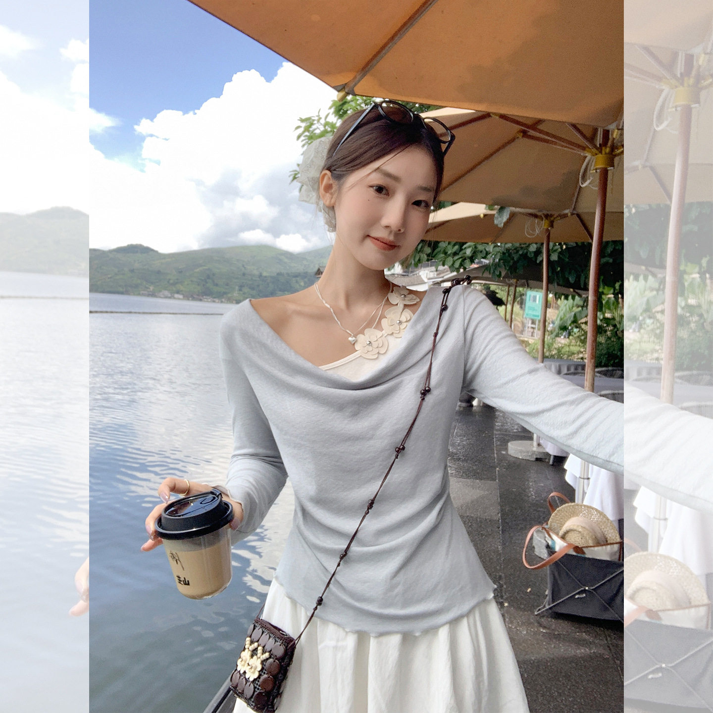 women sexy off shoulder t-shirt lady crop top法式荡领假两件