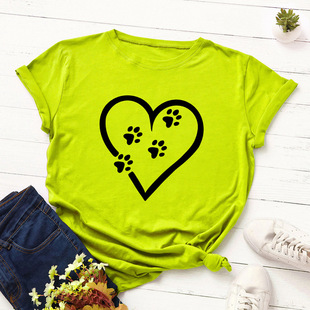 summer women cotton tshirt t恤女心型动物脚印 纯棉宽松圆领短袖