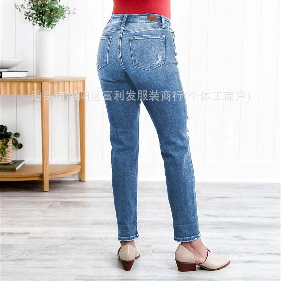 women's jeans leggings欧美新款女牛仔裤破洞中腰小脚裤嘻哈长裤