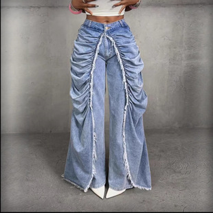 Women's High Street Denim Jeans Blue Casual Baggy Trousers女