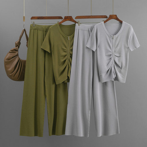 knitted shirt and pants set圆领短袖针织套装2026拉链纯色衣