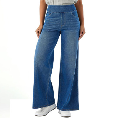 casual baggy jeans女式阔腿牛仔裤 高腰四面弹力瑜伽松紧腰套穿