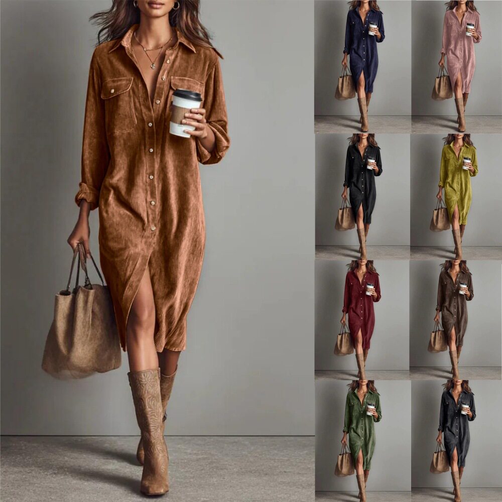 Vintage Women's Dress Office Long Sleeve Lapel Shirt Dresses图片