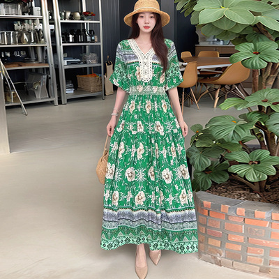 long dress women maxi vestidos boho beach棉绸连衣裙v领中袖