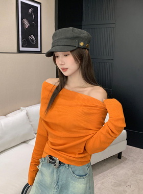 women sexy off shoulder t-shirt female crop top多巴胺橙色