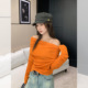 sexy crop off women female shoulder shirt top多巴胺橙色