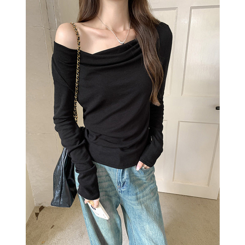 women sexy off shoulder t-shirt lady crop top荡领设计感斜肩