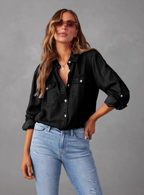 women's stylish denim shirt 新款牛仔衬衣欧美时尚休闲翻领单排