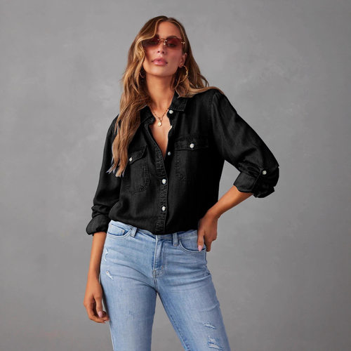 women's stylish denim shirt 新款牛仔衬衣欧美时尚休闲翻领单排