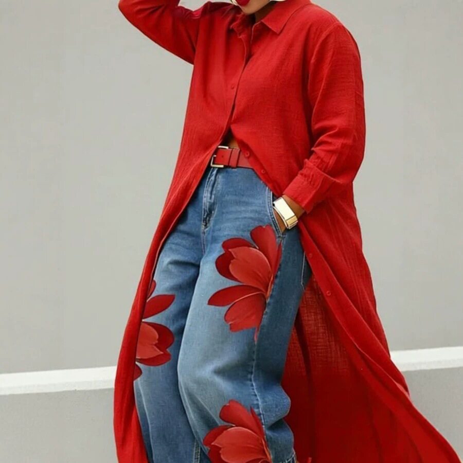 欧美女衬衫长上衣仿牛仔印花裤子 Women Floral fake Jeans Pants