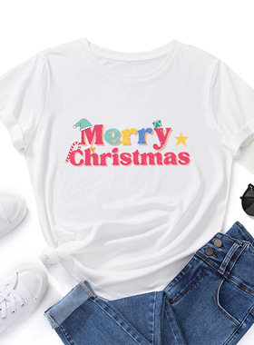 christmas cotton tshirts women xmas tee tops 字母圣诞节宽松