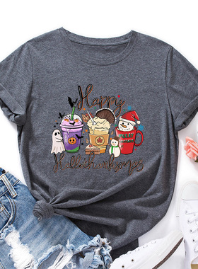 woman cotton tshirts for women tee tops 感恩节宽松圆领短袖