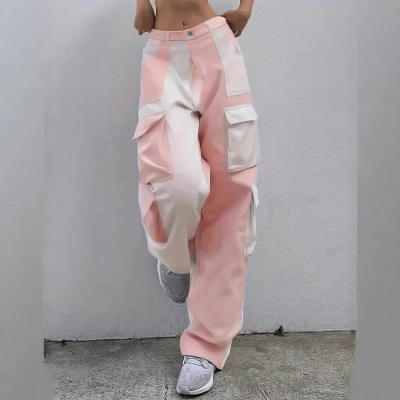 women's baggy jeans牛仔粉宽松直筒多袋裤女pockets Girls Pants