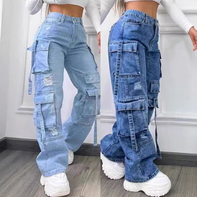 Multi Pocket Jeans Women Solid Color Versatile Cargo Pants女