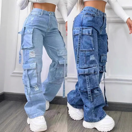 Multi Pocket Jeans Women Solid Color Versatile Cargo Pants女