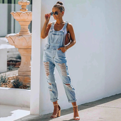 浅蓝破洞背带裤牛仔裤