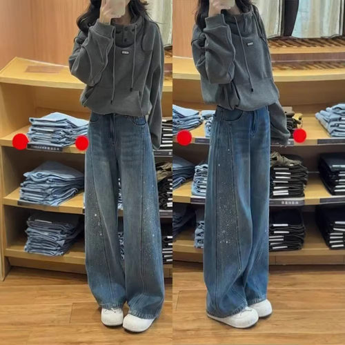 fashion women american retro jeans denim pants复古蓝烫钻