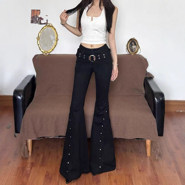 y2k jeans slim flared 美式高街设计感铆钉装饰牛仔裤2026早新款