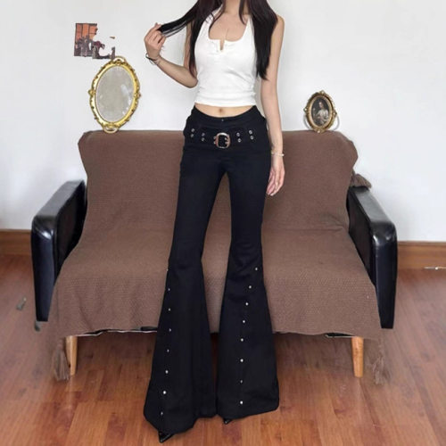 y2k jeans slim flared 美式高街设计感铆钉装饰牛仔裤2026早新款
