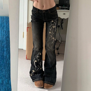 Vintage Jeans Womens Low Flared Floral Rise Embroidery