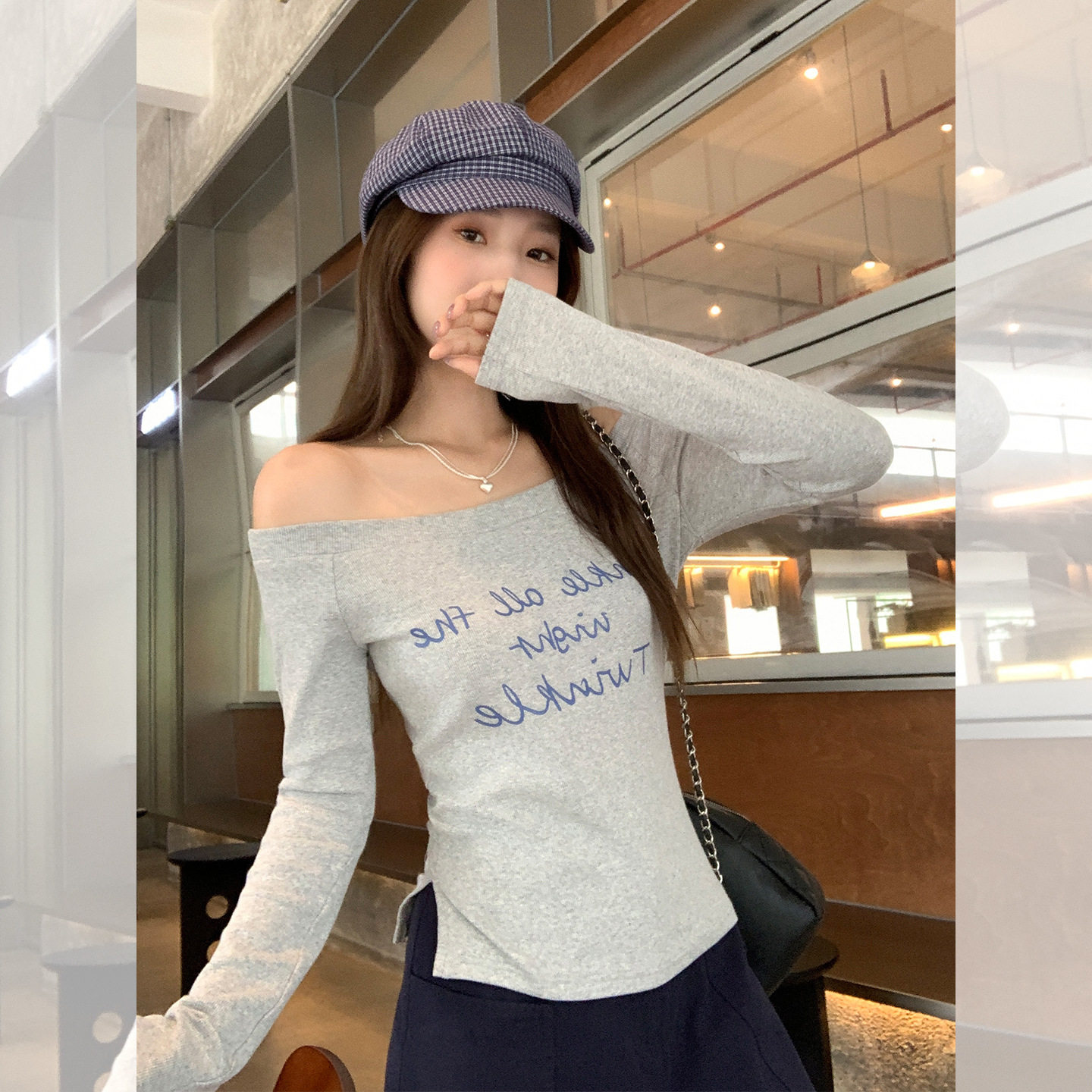 women sexy off shoulder t-shirt female crop top灰色斜肩露肩