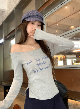 women sexy off shoulder t-shirt female crop top灰色斜肩露肩