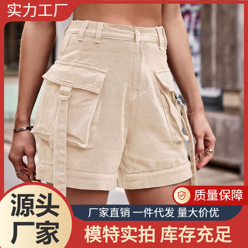 summer shorts jeans欧美新款美式牛仔工装裤休闲口袋短裤松紧