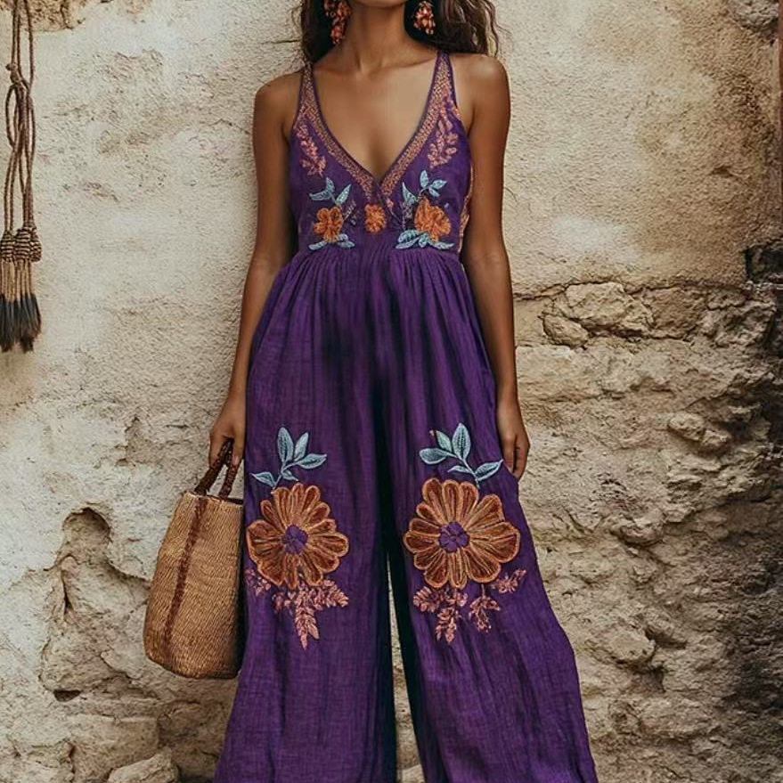 baggy jumpsuit bodysuit新款复古花卉棉麻吊带阔腿连体长裤women