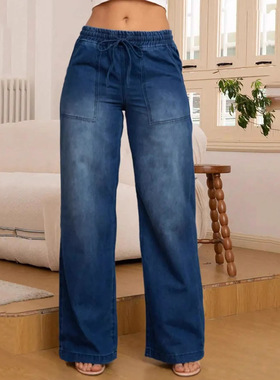women's baggy jeans牛仔抽绳松紧腰阔腿裤Ladies low rise jeans