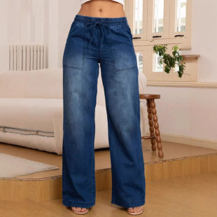 jeans牛仔抽绳松紧腰阔腿裤 baggy Ladies low jeans women rise