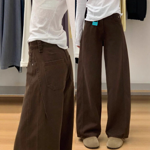 women american retro jeans wide leg denim pants咖啡色阔腿