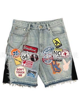 Blue Streetwear Patchwork Denim Shorts Y2K Jeans Men Women裤
