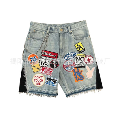 Blue Streetwear Patchwork Denim Shorts Y2K Jeans Men Women裤