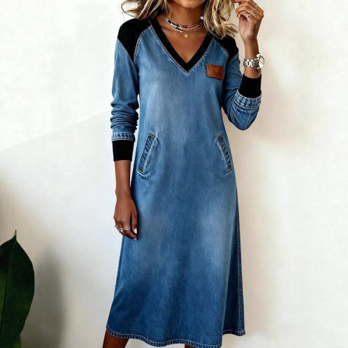 women 2026 dress女士休闲撞色v领连衣裙ladies