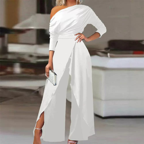 Women Shoulder Jumpsuit Long Sleeve Straight NinePoint Pants