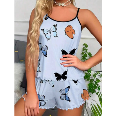 new summer tops+shorts set女式蝴蝶睡衣套装欧美风舒适时尚吊带