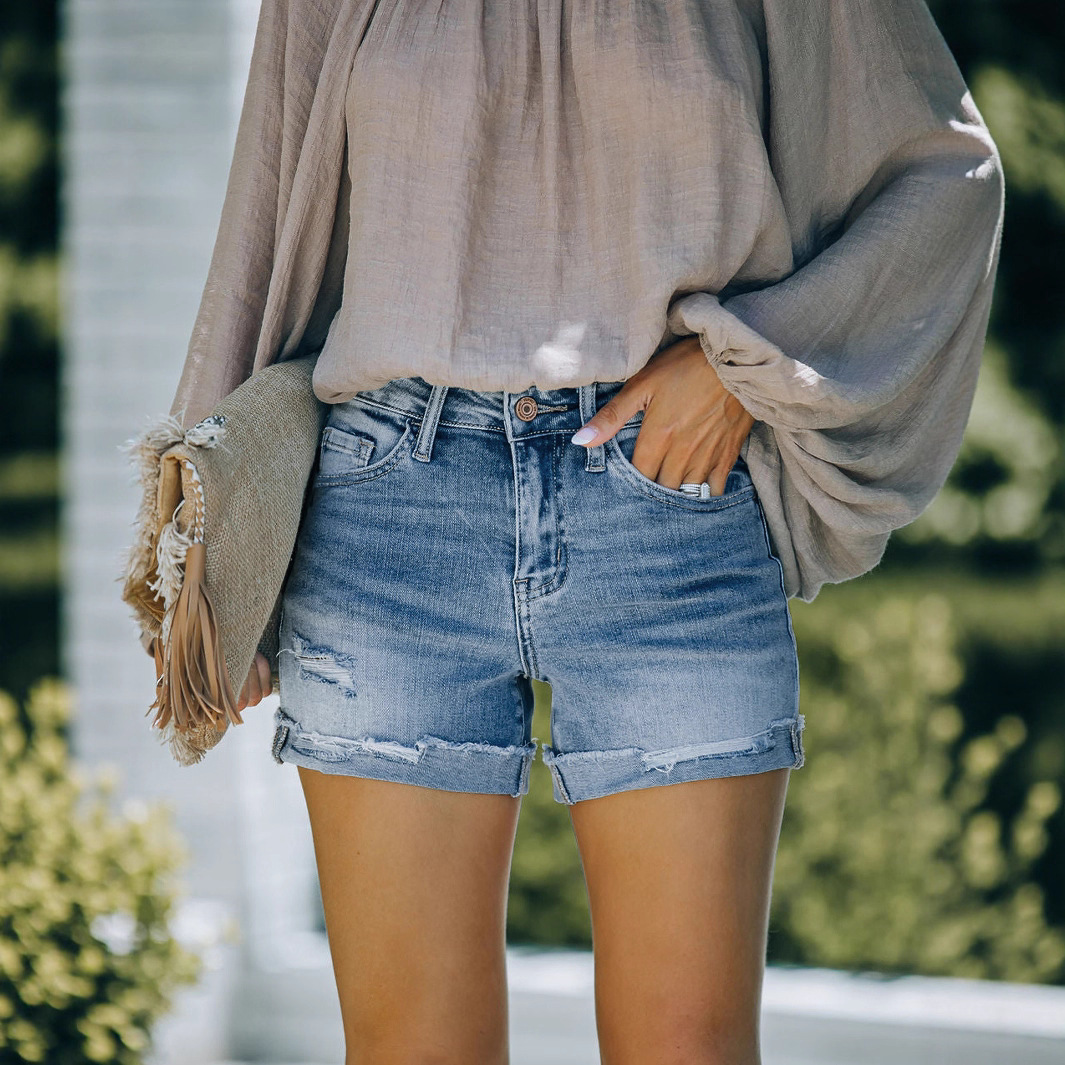 women jeans shorts denim short pants女士纯色破洞口袋牛仔短裤