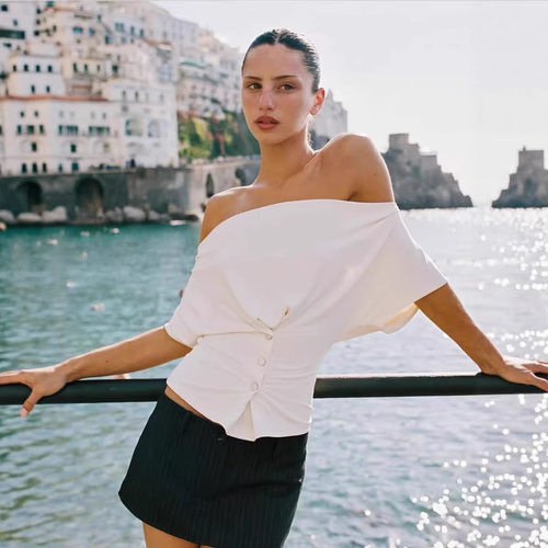 ins海岛度假风t恤女With Jean Swing Collar Tshirt one-shoulder