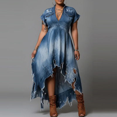 Women's Distressed Denim Maxi Dress V-Neck Ripped Jean Dress