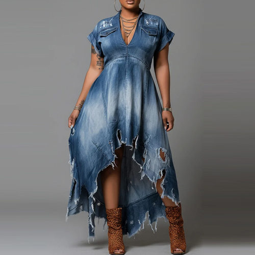 Women's Distressed Denim Maxi Dress V-Neck Ripped Jean Dress
