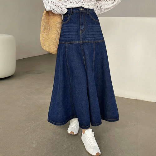 Simple Long Denim Skirts Women's Versatile A-Line Jean Skirt