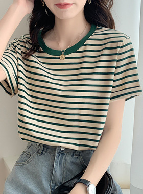 new tshirt women striped tops korean t-shirt清新绿色条纹t恤