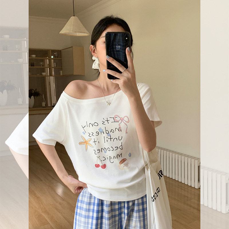 women sexy off shoulder t-shirt lady crop top韩系ins风手绘