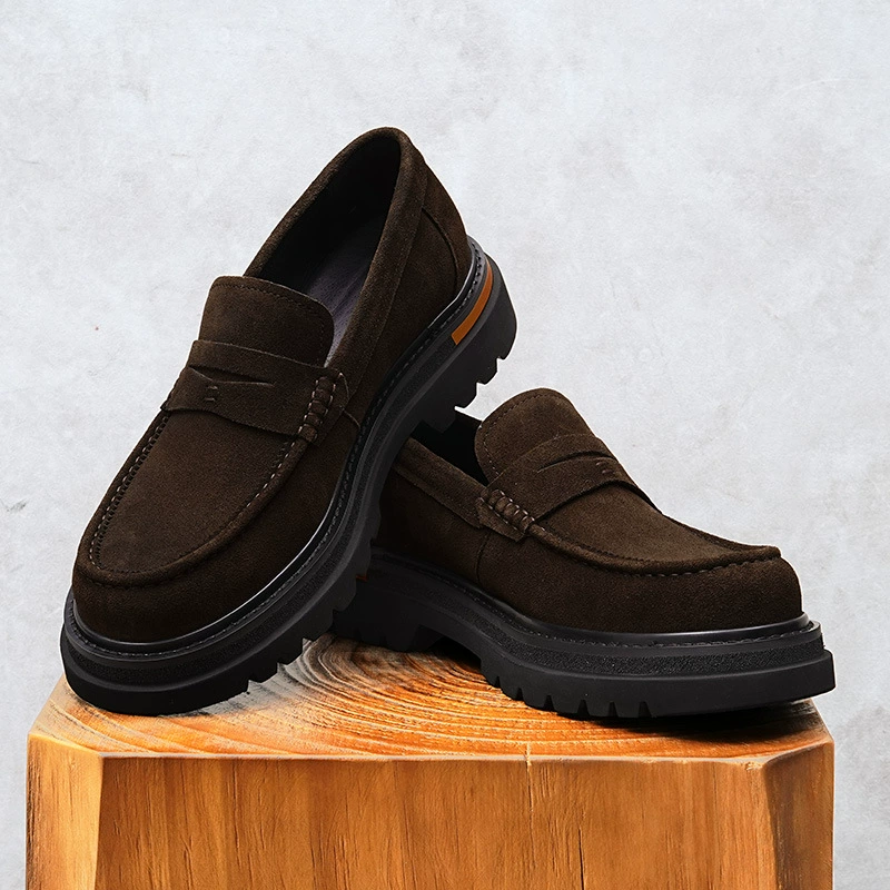 反绒皮商务休闲皮鞋男款2025夏季厚底增高5CM翻毛皮一脚蹬乐福鞋