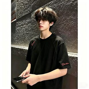 美式高街潮流廓形硬挺分割线宽松透气亲肤短袖圆领T恤 男女款