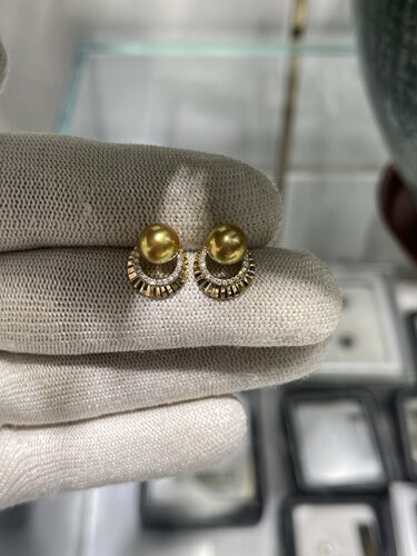正圆7～8mm超浓金南洋金珠金豆耳钉 18k厚金天然钻石法老款式耳钉