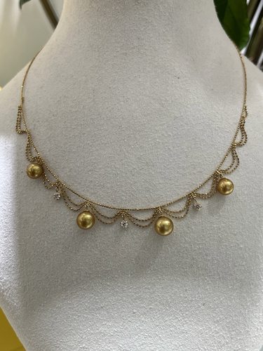 24k浓金色7～8mm南洋金珠铃铛项链18k天然钻石镶嵌