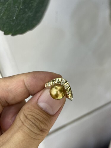 24k浓金色金珠，无瑕10.0mm南洋金珠法老款戒指 9k培育钻石镶嵌